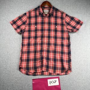Lucky Brand Short Sleeve Button Up Shirt Pink Navy Plaid Pockets Mens Medium